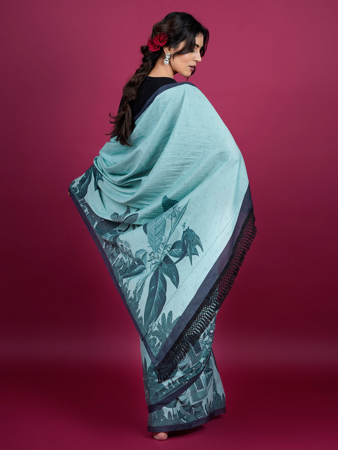 Buta Buti Botanical Printed Cotton Saree With Tassels Embellishment