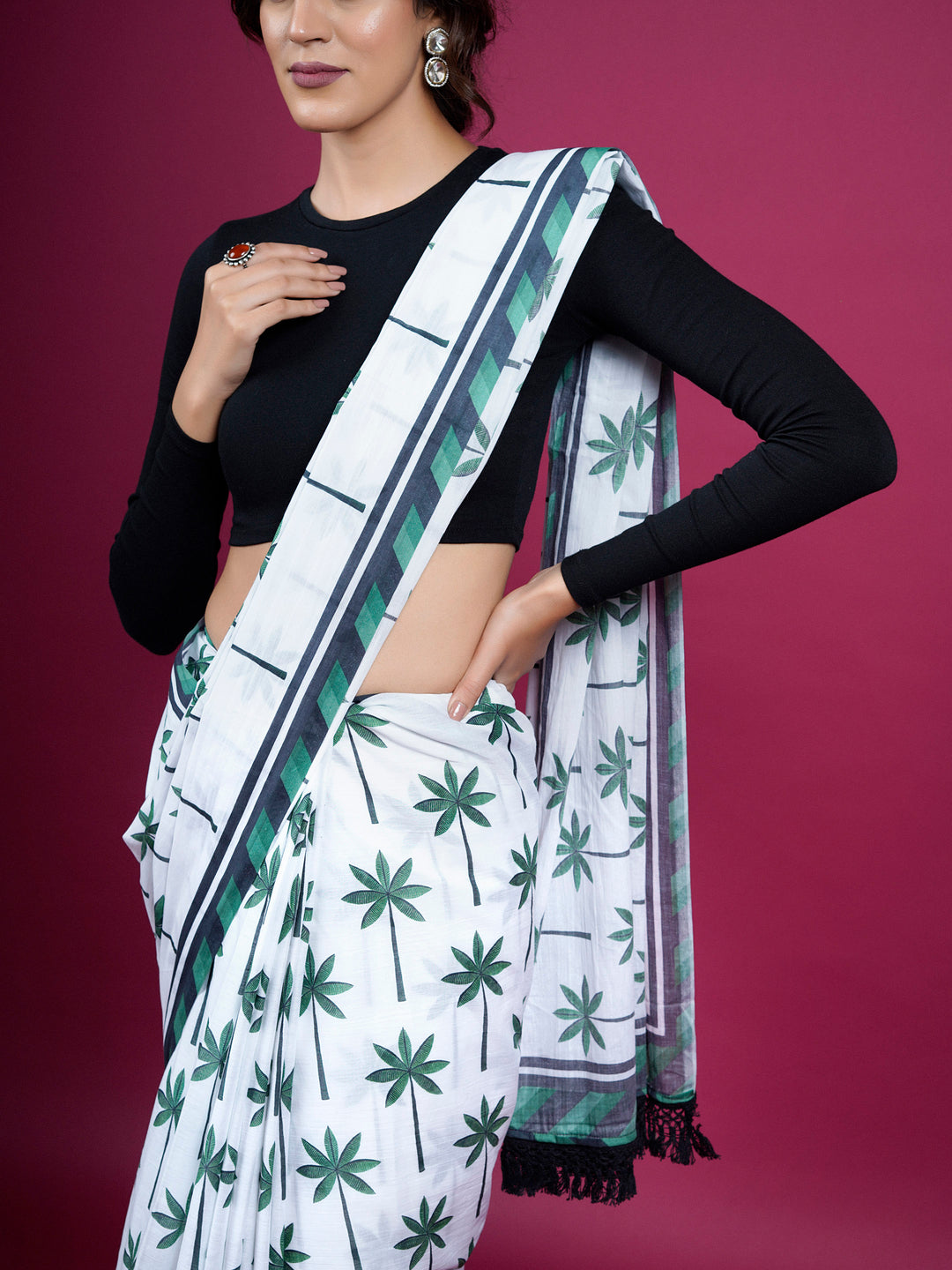 Buta Buti Botanical Printed Cotton Saree With Tassels Embellishment