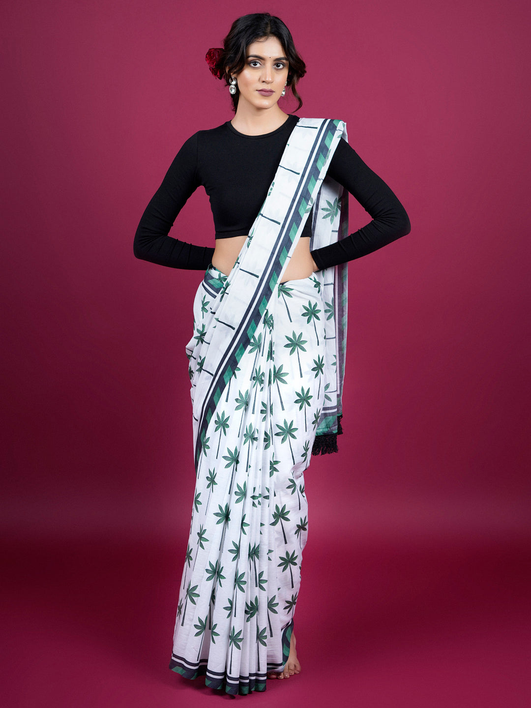 Buta Buti Botanical Printed Cotton Saree With Tassels Embellishment