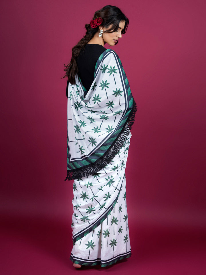 Buta Buti Botanical Printed Cotton Saree With Tassels Embellishment