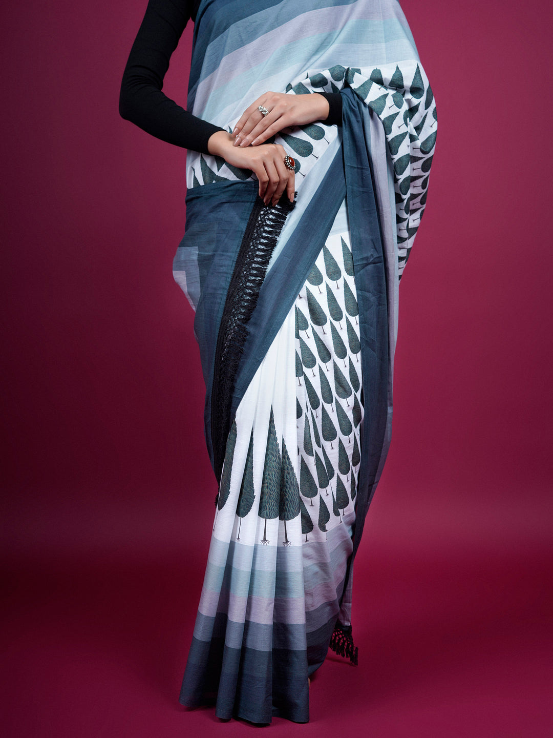 Buta Buti Botanical Printed Cotton Saree With Tassels Embellishment