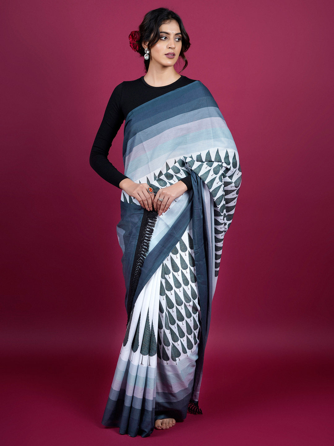 Buta Buti Botanical Printed Cotton Saree With Tassels Embellishment