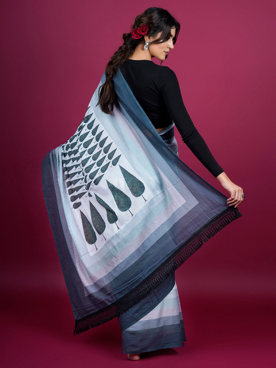 Buta Buti Botanical Printed Cotton Saree With Tassels Embellishment