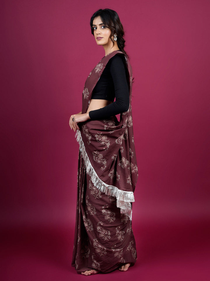 Buta Buti Chintz Floral Paisley Printed Cotton Saree With Tassels Embellishment