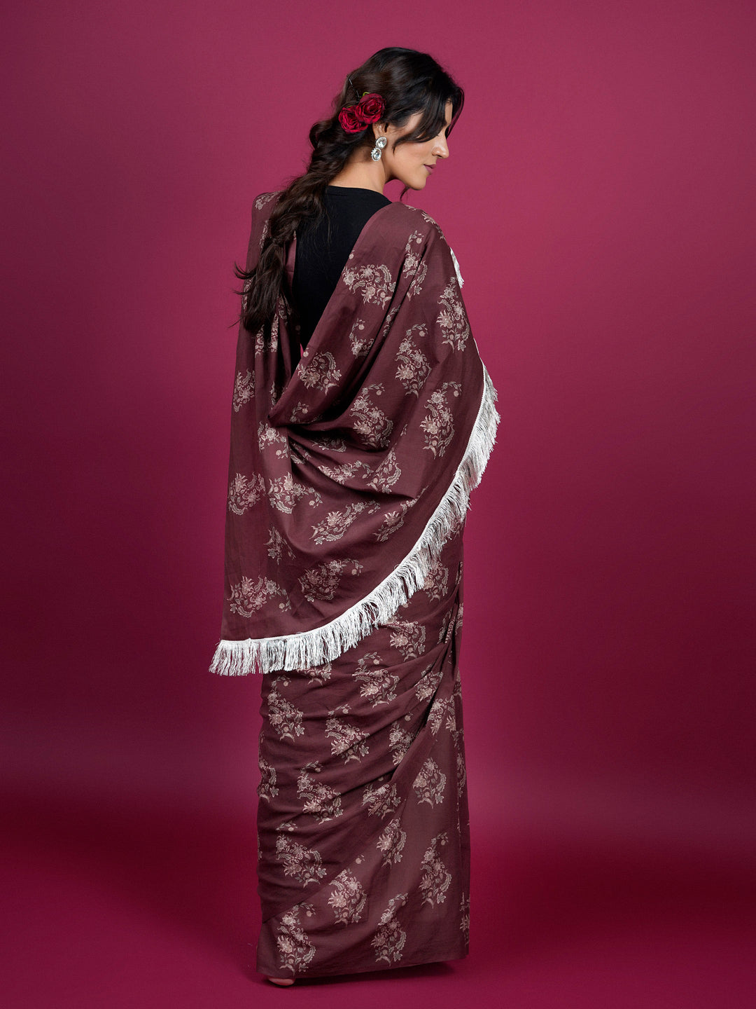 Buta Buti Chintz Floral Paisley Printed Cotton Saree With Tassels Embellishment