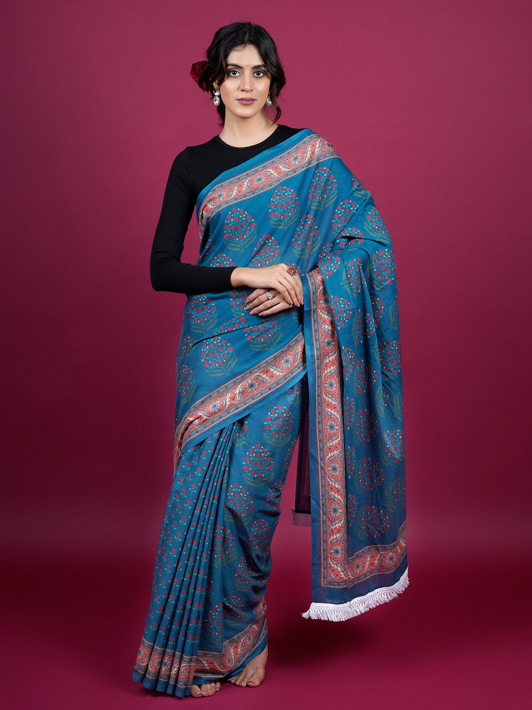 Buta Buti Floral Printed Cotton Saree With Tassels Embellishment