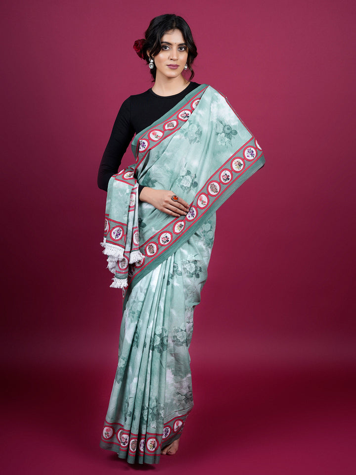 Buta Buti Floral Printed Cotton Saree With Tassels Embellishment