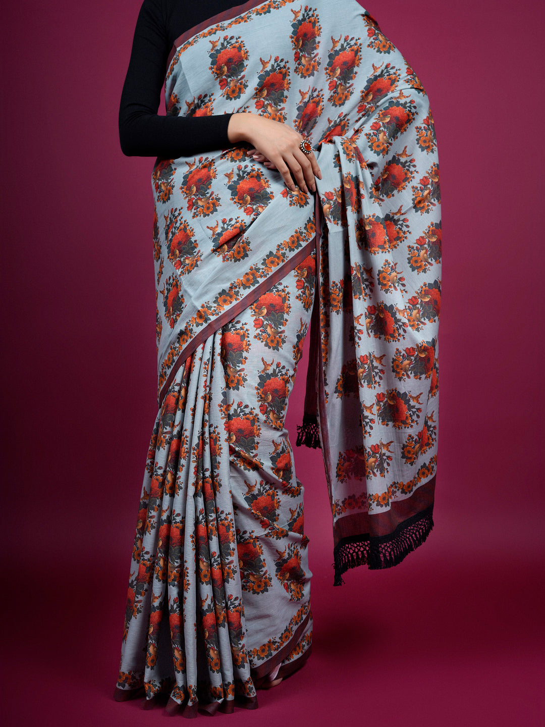 Buta Buti Botanical Floral Printed Cotton Saree With Tassels Embellishment