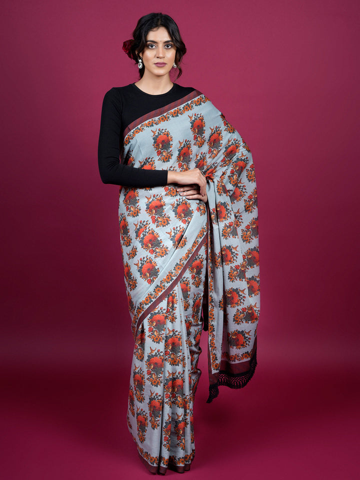 Buta Buti Botanical Floral Printed Cotton Saree With Tassels Embellishment