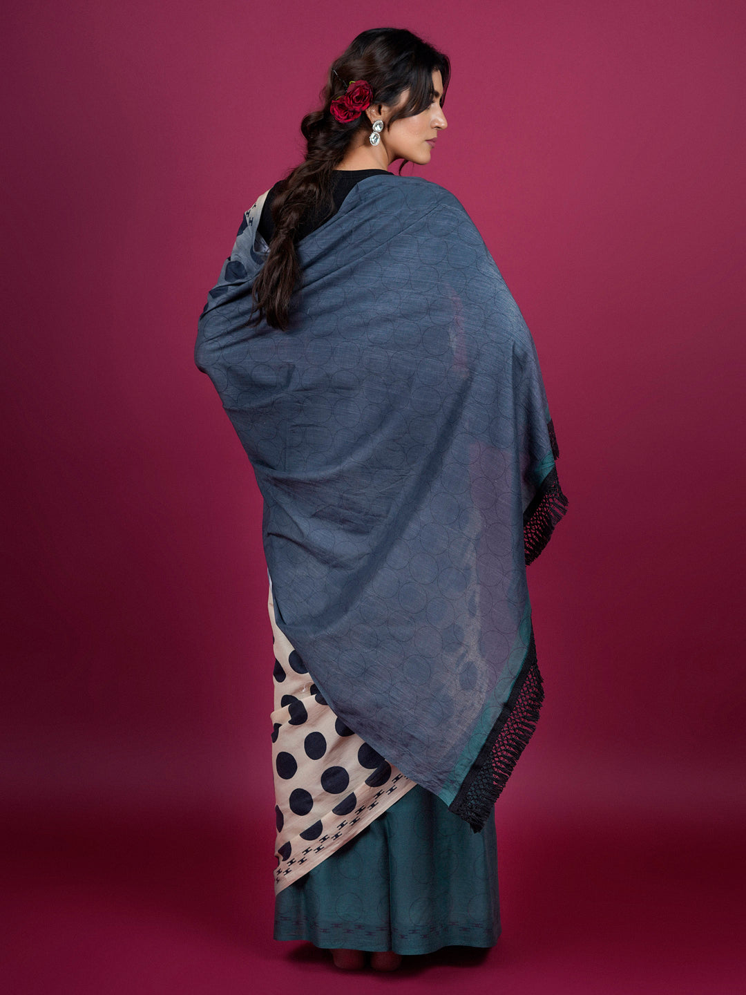 Buta Buti Polka Dot Printed Cotton Saree With Tasses Embellishment