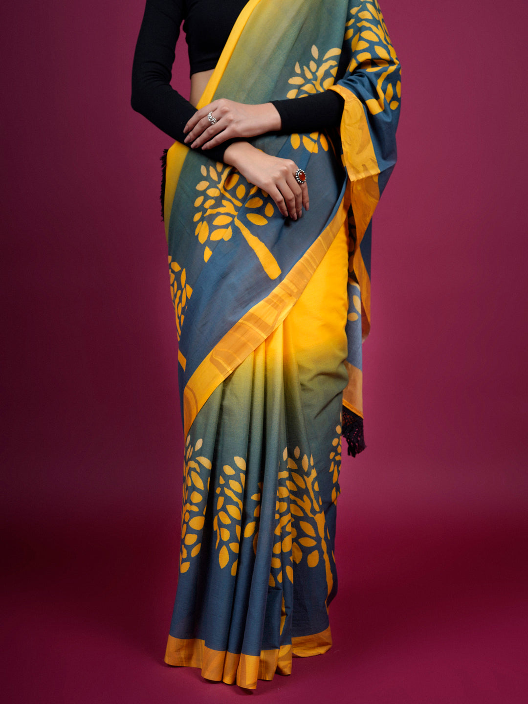 Buta Buti Botanical Printed Cotton Saree With Tassels Embellishment