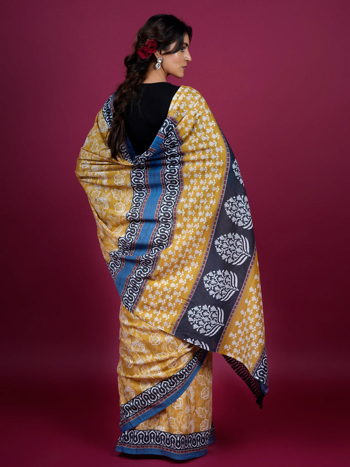 Buta Buti Floral Ethnical Motif Printed Cotton Saree With Tassels Embellishment