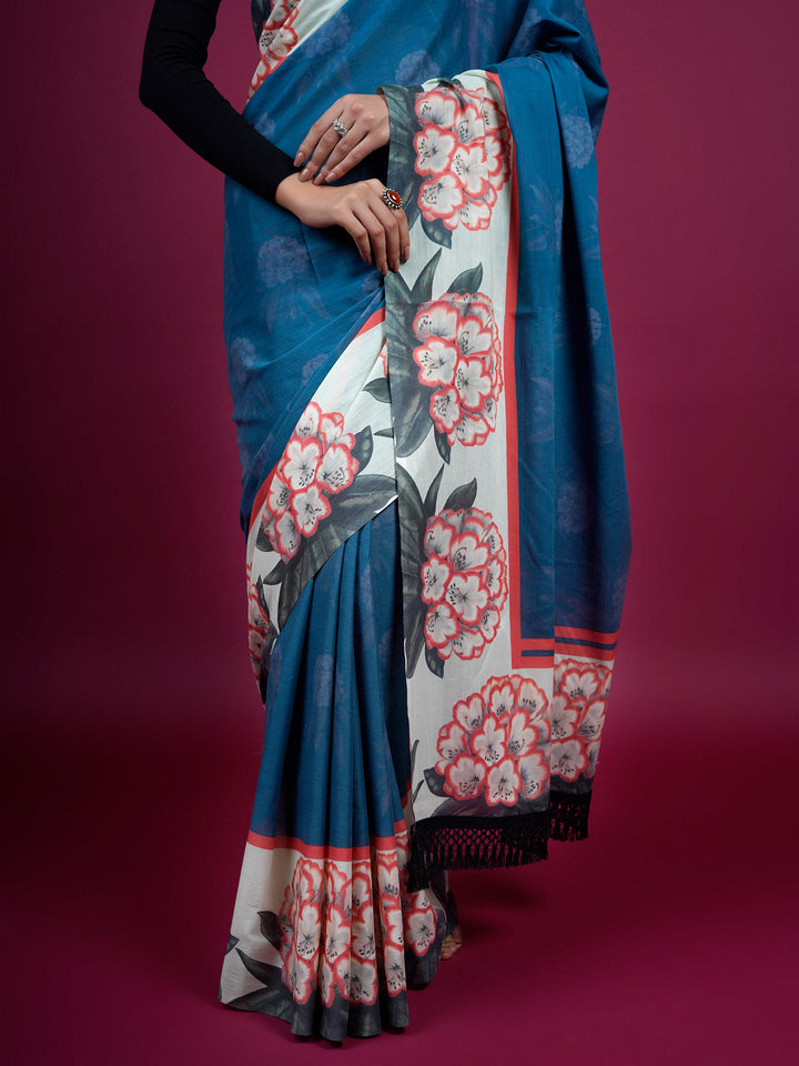 Buta Buti Floral Printed Cotton Saree With Tassels Embellishment