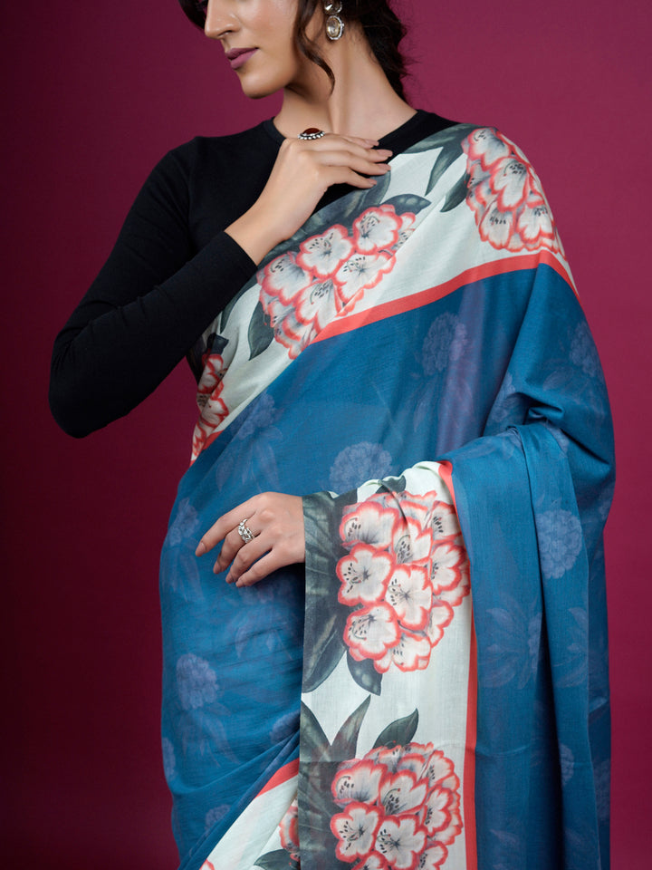 Buta Buti Floral Printed Cotton Saree With Tassels Embellishment