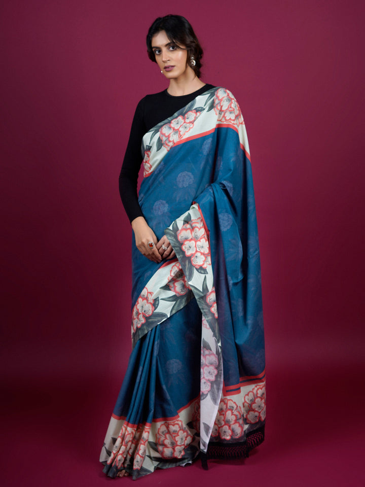 Buta Buti Floral Printed Cotton Saree With Tassels Embellishment