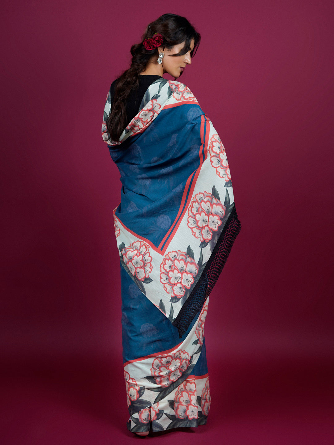 Buta Buti Floral Printed Cotton Saree With Tassels Embellishment