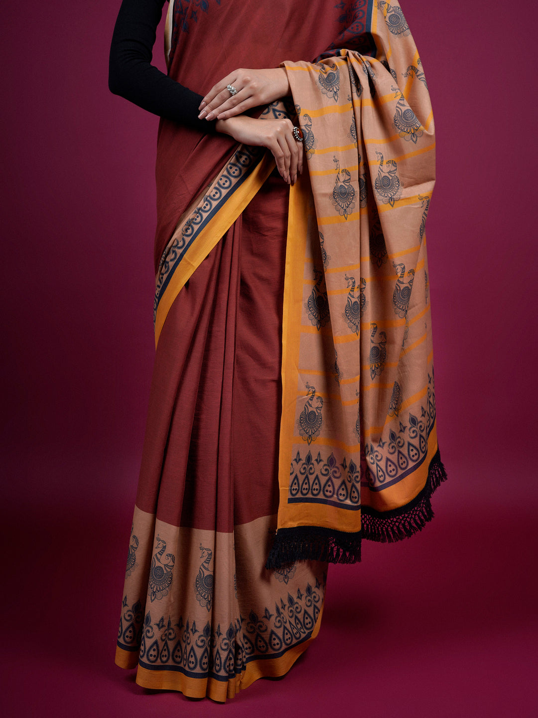 Buta Buti Ethnic Printed Cotton Saree With Tassels Embellishment