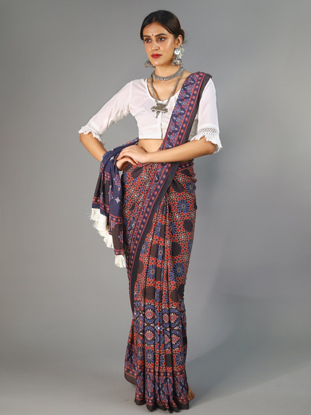 Buta Buti Multi Colour Ajrak Printed Pure Cotton Saree With Unstitched Blouse And Lace