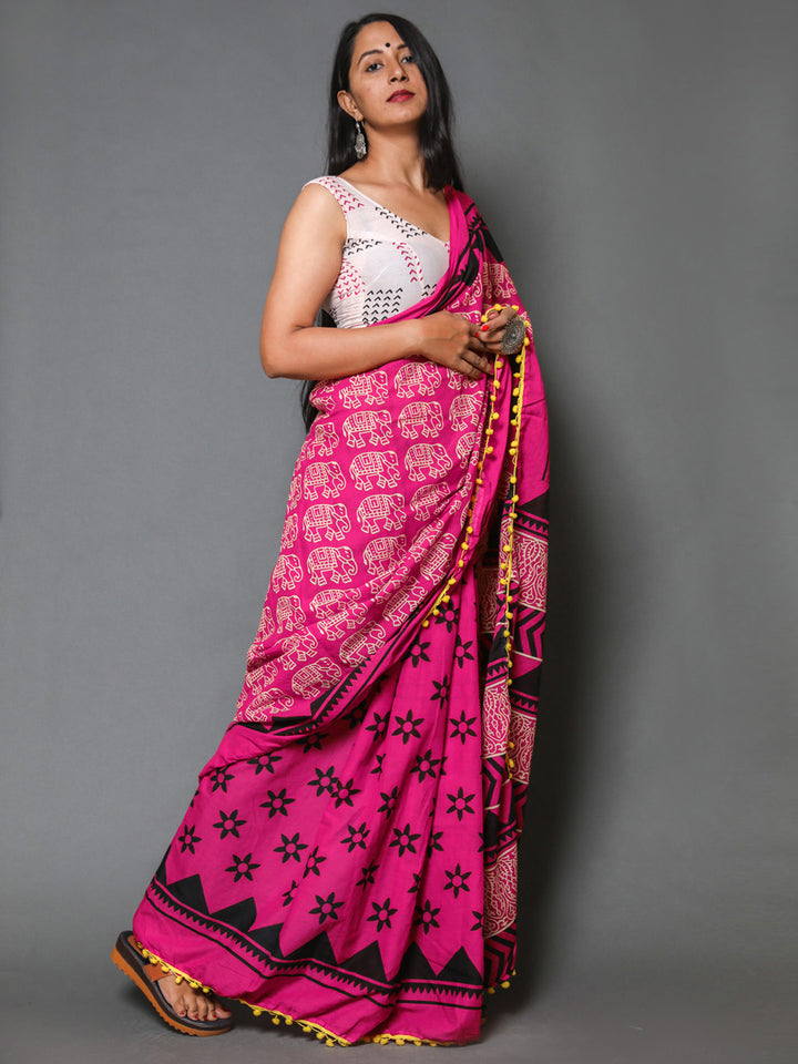 Buta Buti Pink Colour Abstract Printed Pure Cotton Saree