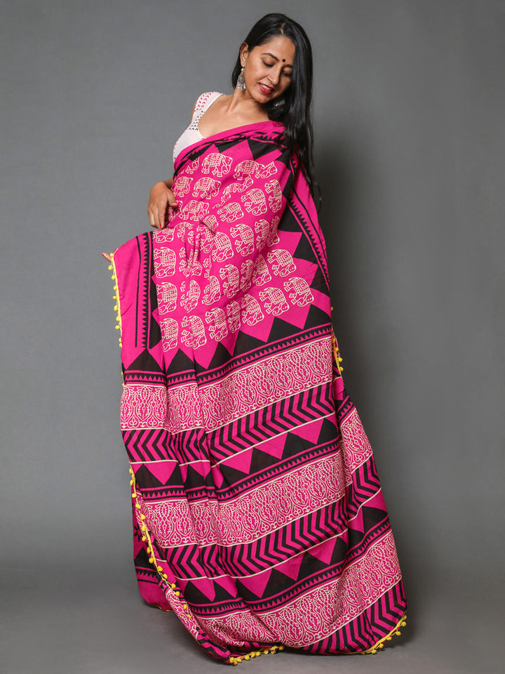 Buta Buti Pink Colour Abstract Printed Pure Cotton Saree