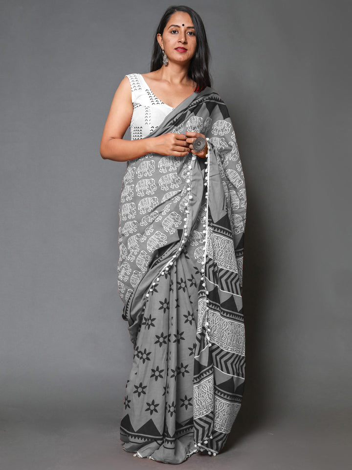 Buta Buti Grey Colour Abstract Printed Pure Cotton Saree