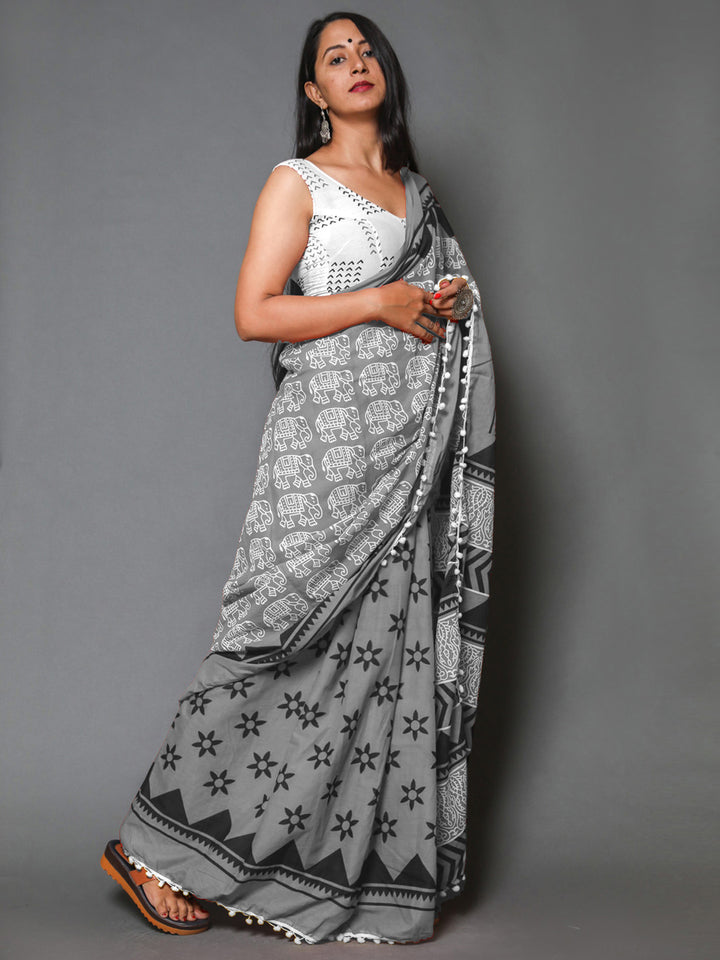 Buta Buti Grey Colour Abstract Printed Pure Cotton Saree