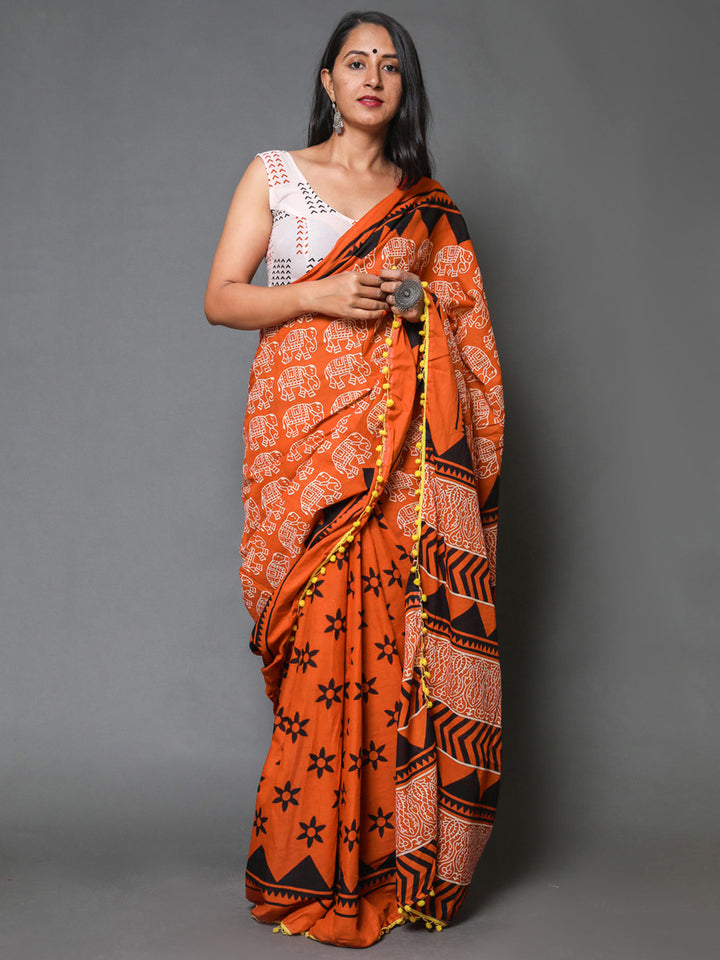 Buta Buti Orange Colour Abstract Printed Pure Cotton Saree