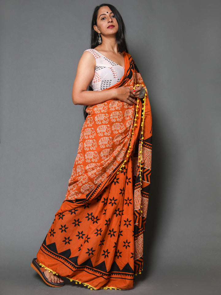 Buta Buti Orange Colour Abstract Printed Pure Cotton Saree