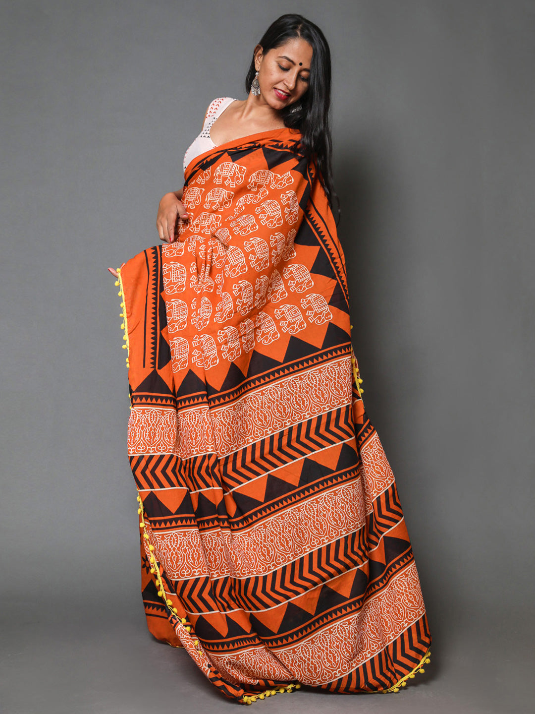 Buta Buti Orange Colour Abstract Printed Pure Cotton Saree