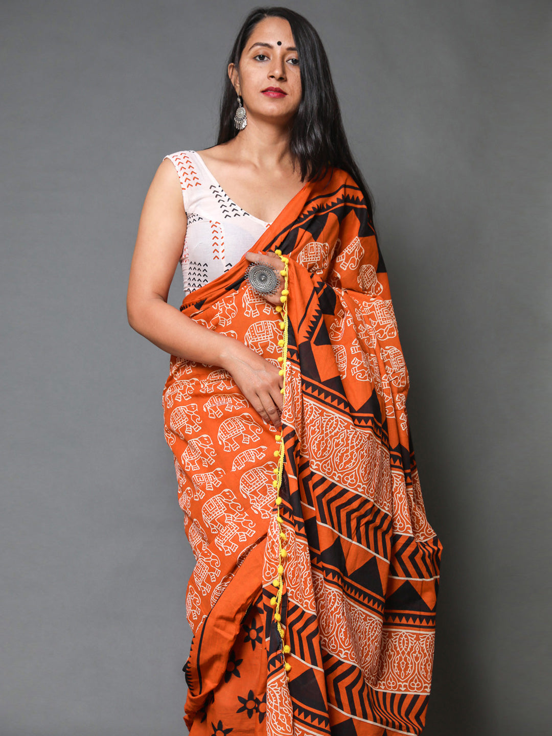 Buta Buti Orange Colour Abstract Printed Pure Cotton Saree