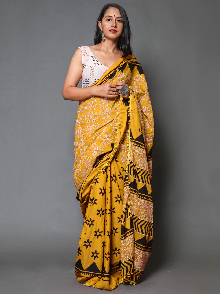 Buta Buti Mustard Colour Abstract Printed Pure Cotton Saree