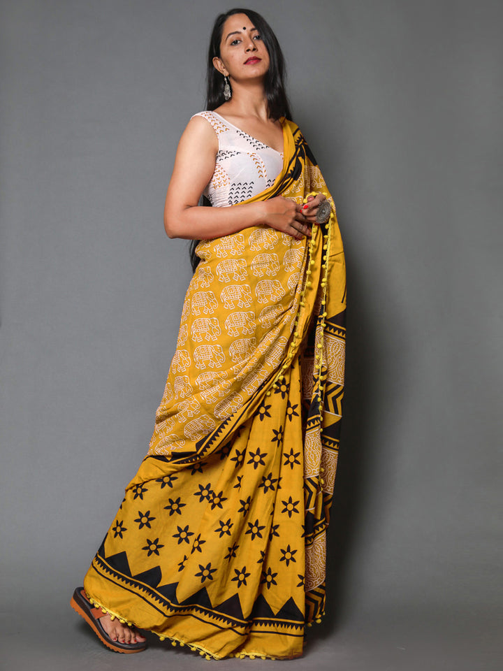 Buta Buti Mustard Colour Abstract Printed Pure Cotton Saree