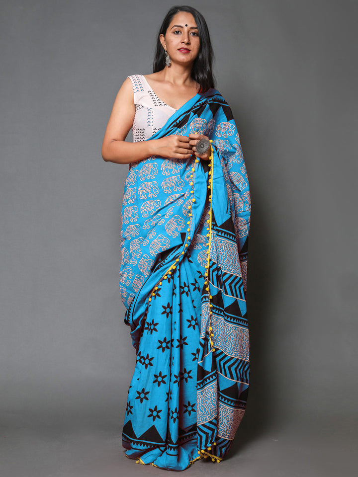 Buta Buti Blue Colour Abstract Printed Pure Cotton Saree