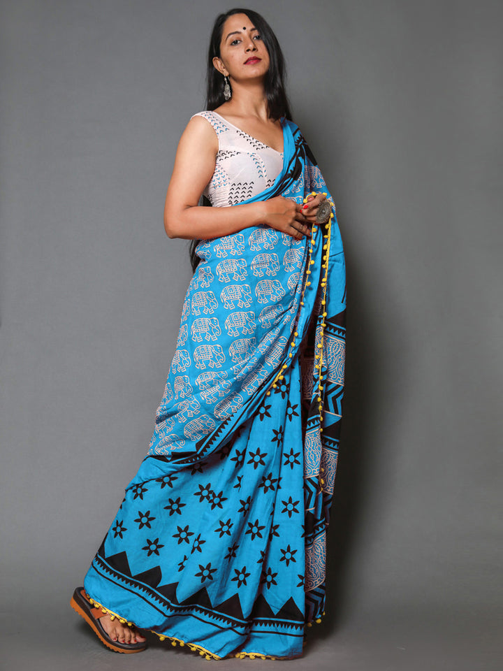 Buta Buti Blue Colour Abstract Printed Pure Cotton Saree