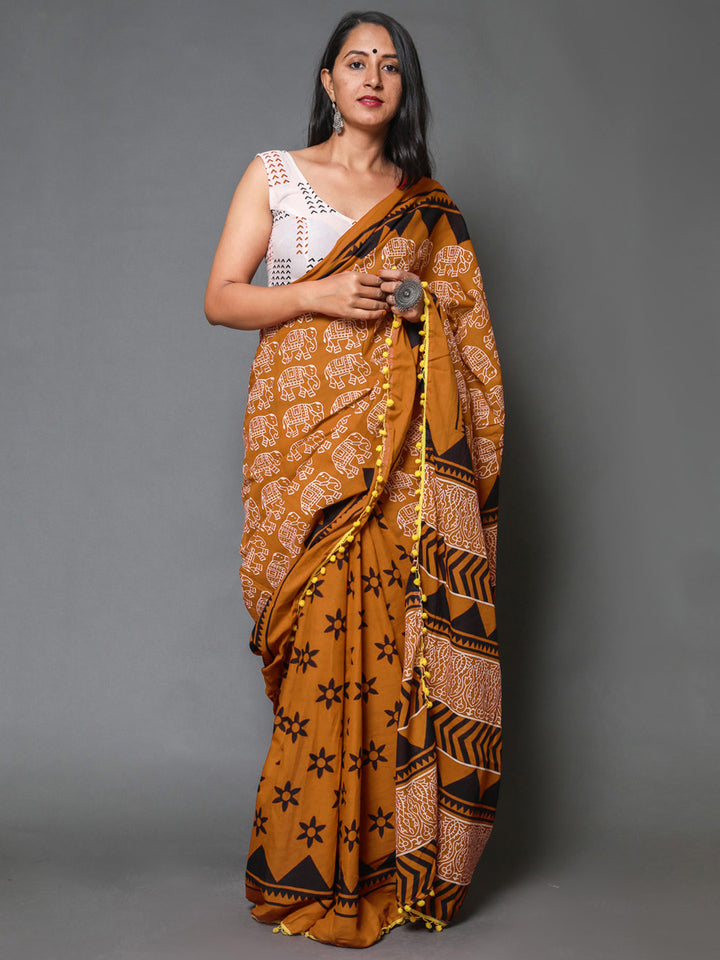 Buta Buti Rust Colour Abstract Printed Pure Cotton Saree