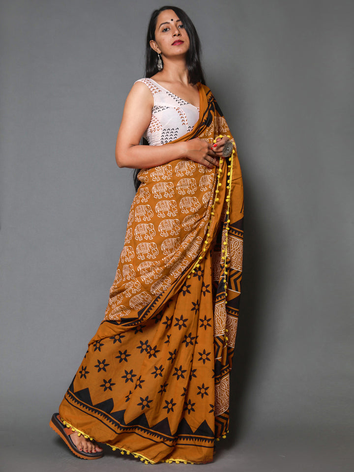 Buta Buti Rust Colour Abstract Printed Pure Cotton Saree