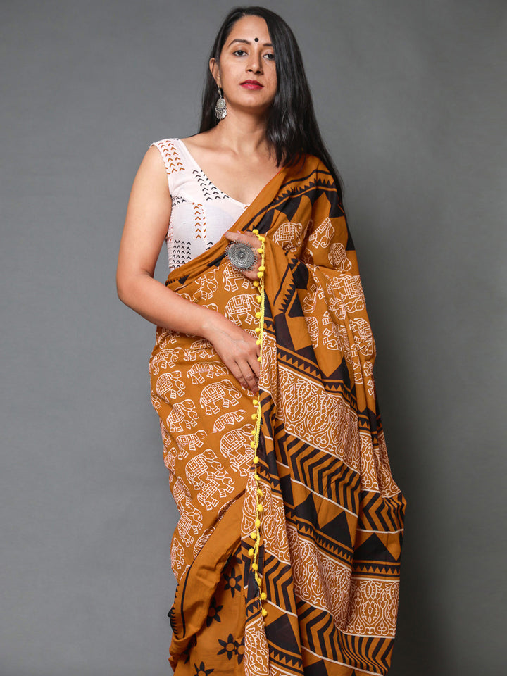 Buta Buti Rust Colour Abstract Printed Pure Cotton Saree