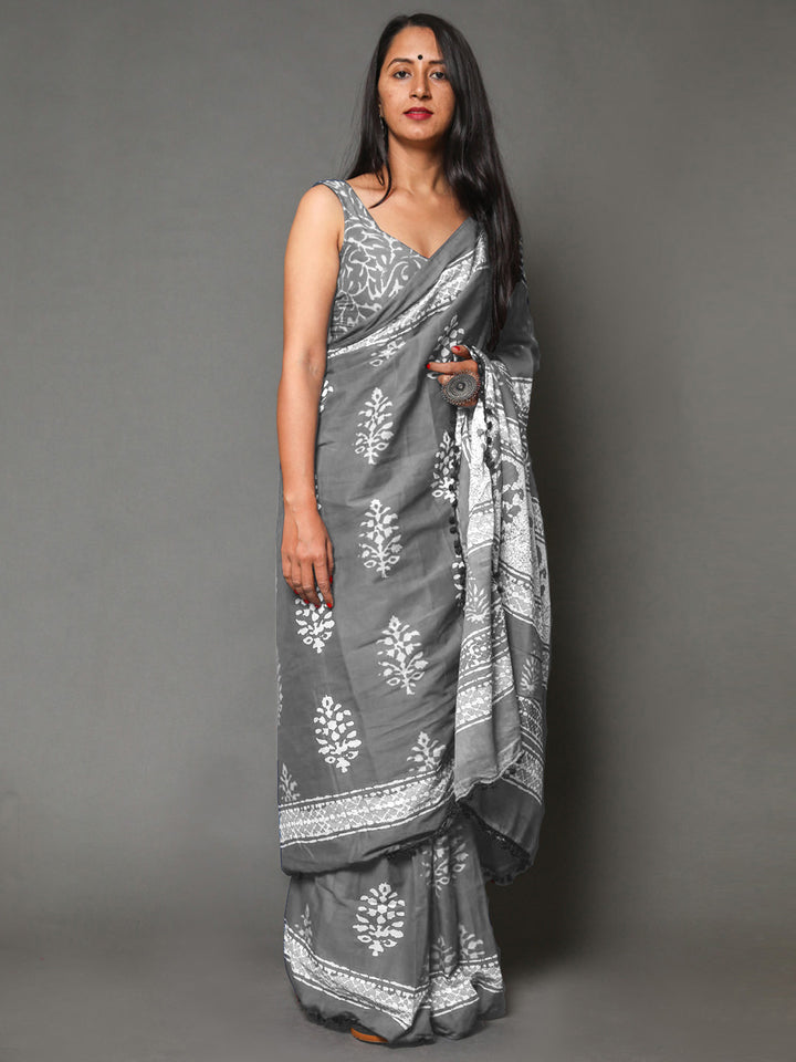 Buta Buti Grey Colour Floral Printed Pure Cotton Saree