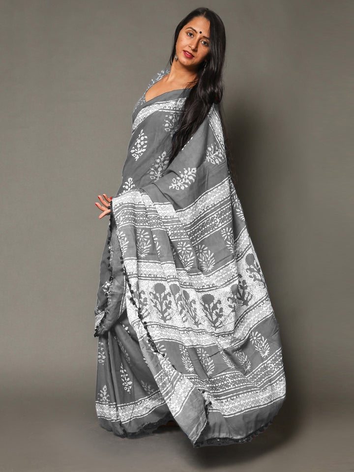 Buta Buti Grey Colour Floral Printed Pure Cotton Saree