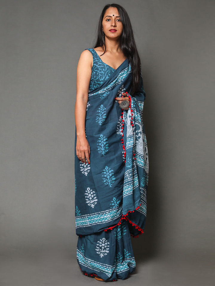 Buta Buti Blue Colour Floral Printed Pure Cotton Saree