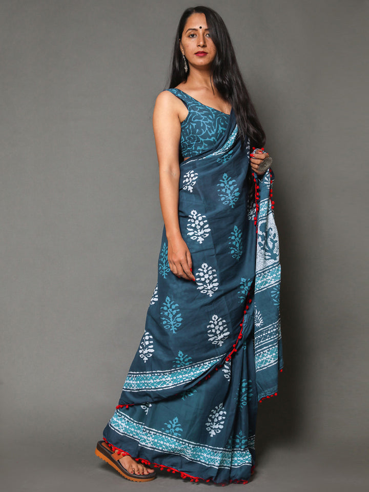 Buta Buti Blue Colour Floral Printed Pure Cotton Saree