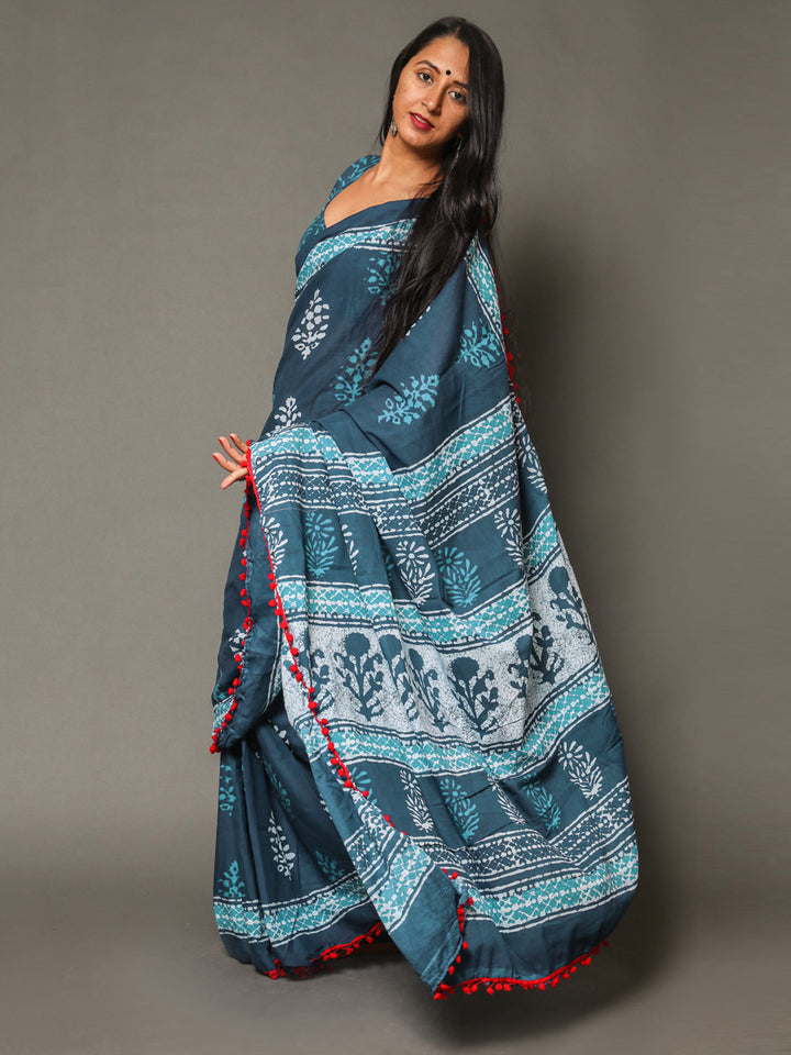 Buta Buti Blue Colour Floral Printed Pure Cotton Saree