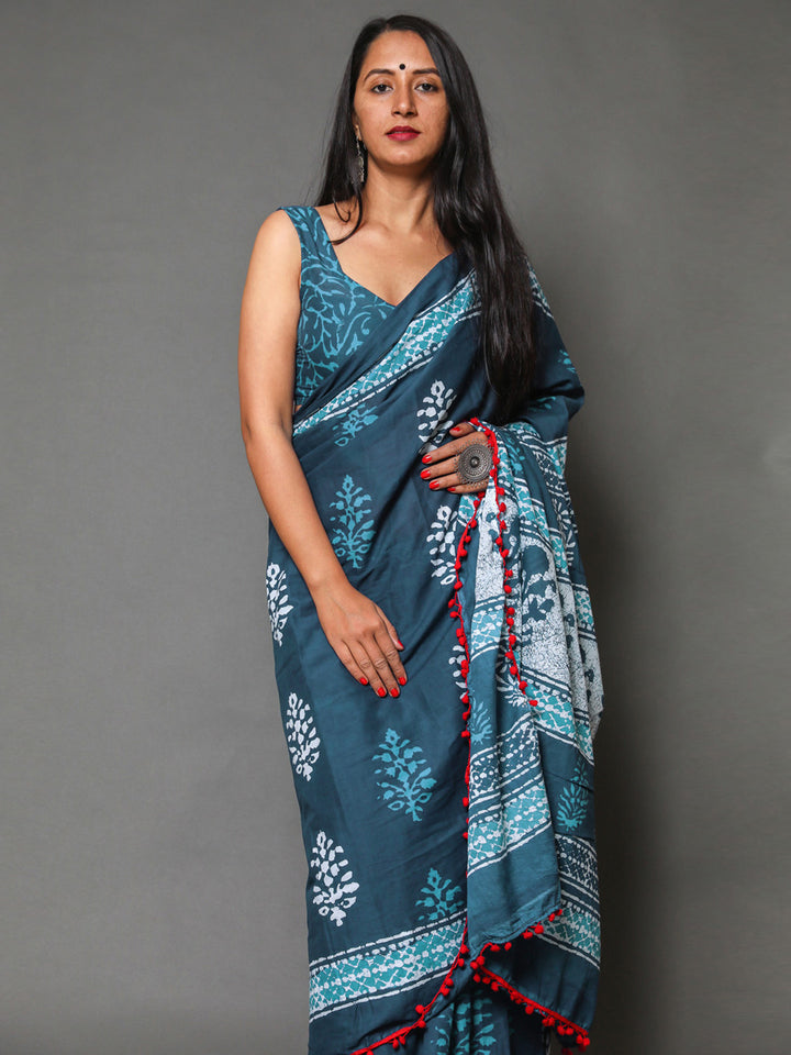 Buta Buti Blue Colour Floral Printed Pure Cotton Saree