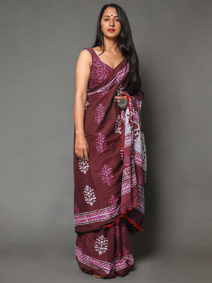 Buta Buti Maroon Colour Floral Printed Pure Cotton Saree