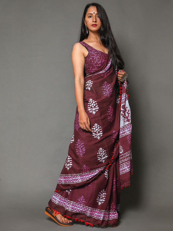 Buta Buti Maroon Colour Floral Printed Pure Cotton Saree