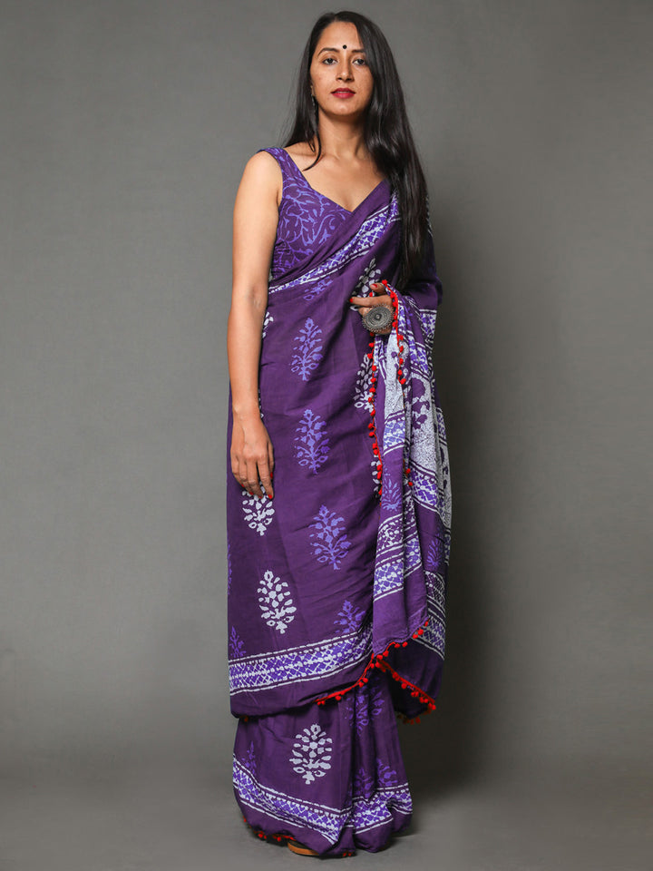 Buta Buti Purple Colour Floral Printed Pure Cotton Saree