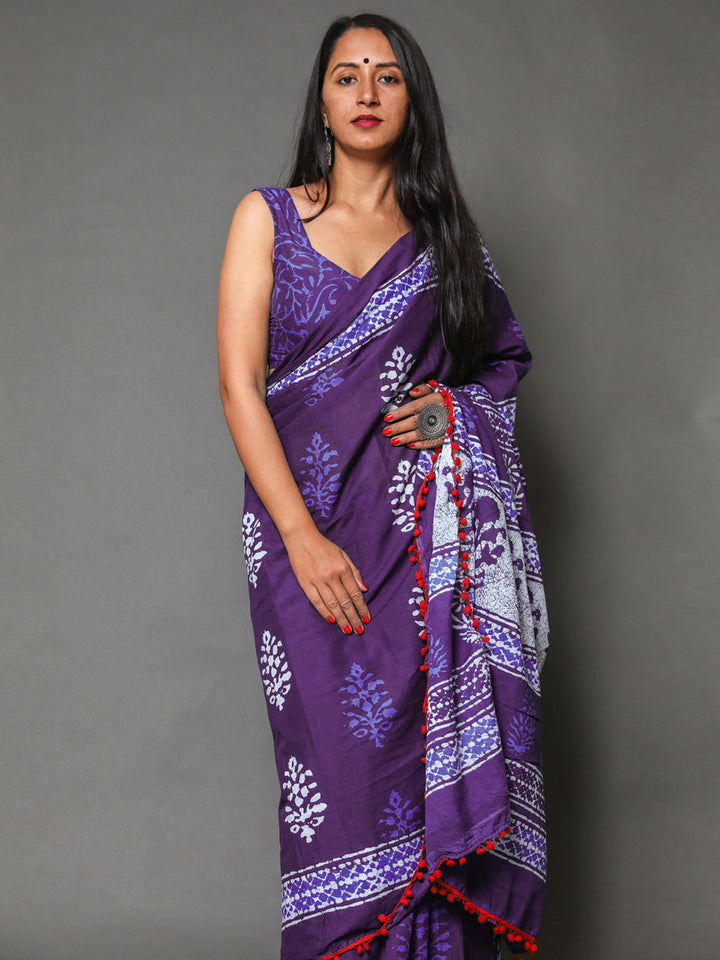 Buta Buti Purple Colour Floral Printed Pure Cotton Saree