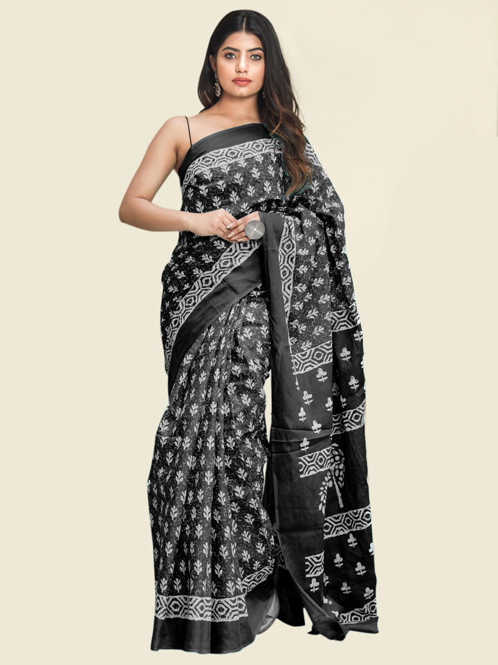 Buta Buti Black Colour Floral Printed Pure Cotton Saree