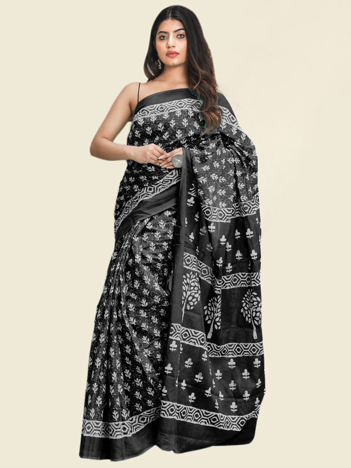 Buta Buti Black Colour Floral Printed Pure Cotton Saree