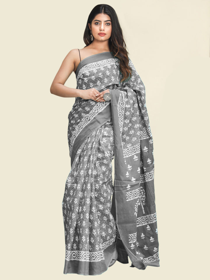 Buta Buti Grey Colour Floral Printed Pure Cotton Saree